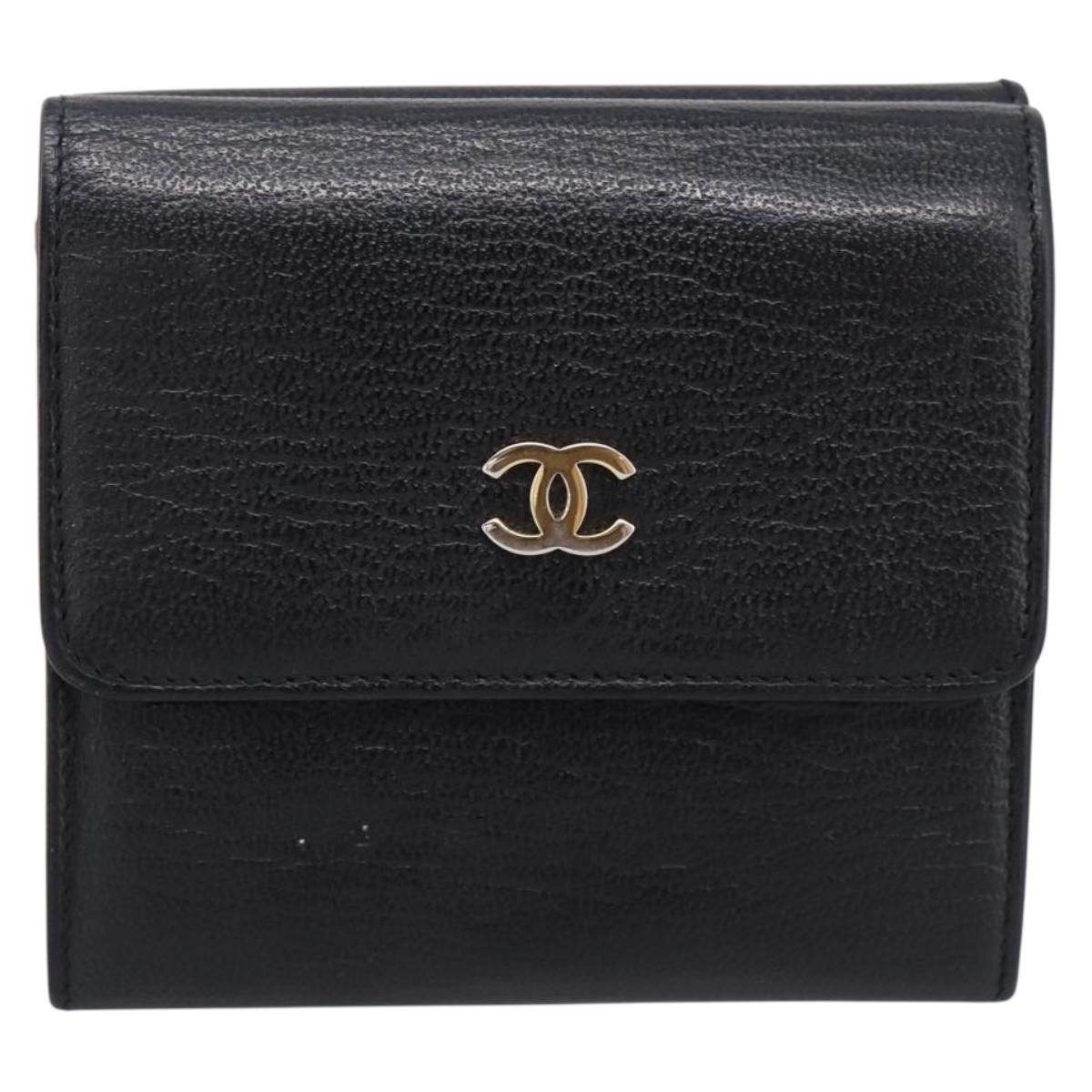 CHANEL Compact Wallet Leather Black Gold CC Auth 204596V