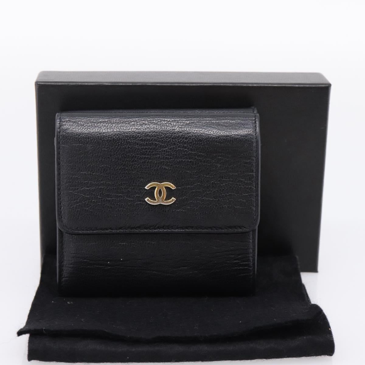 CHANEL Compact Wallet Leather Black Gold CC Auth 204596V