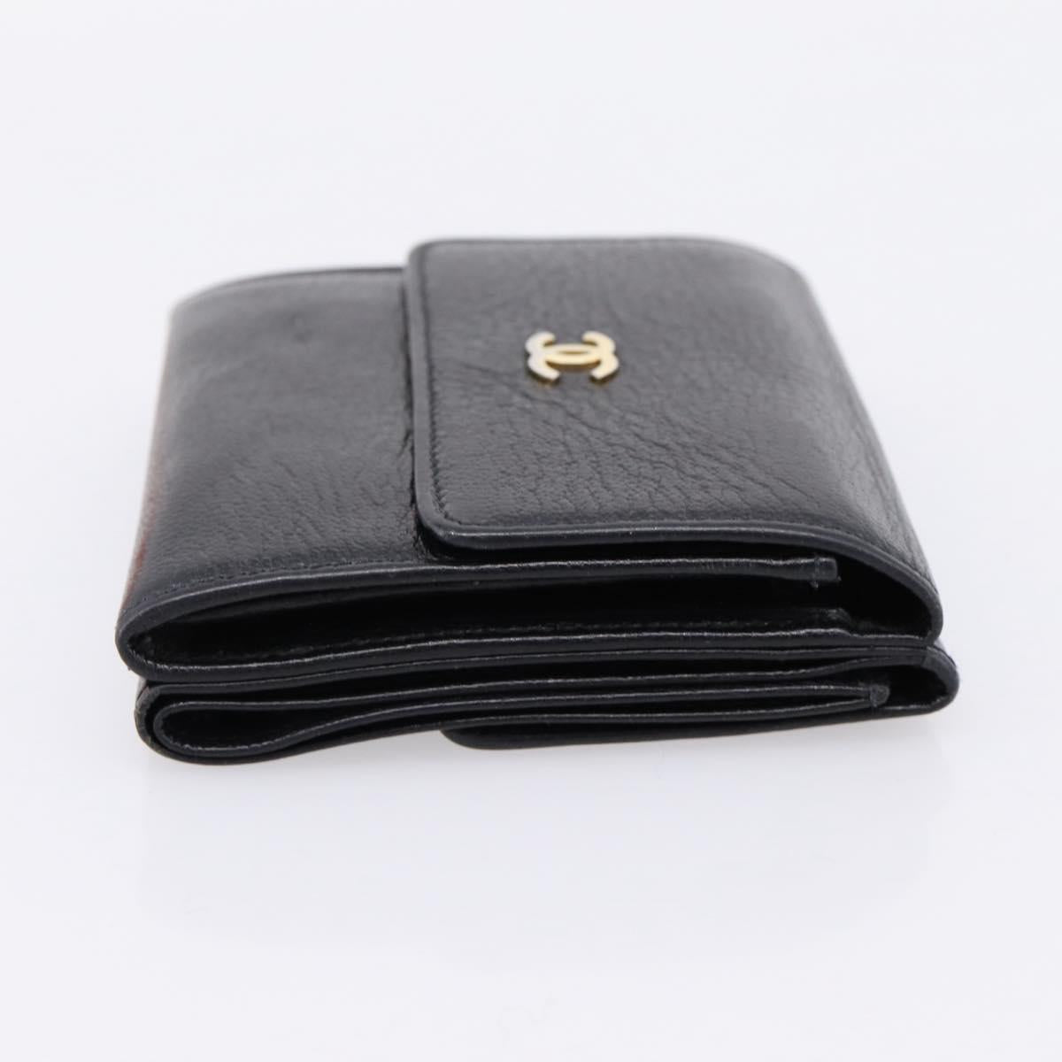 CHANEL Compact Wallet Leather Black Gold CC Auth 204596V