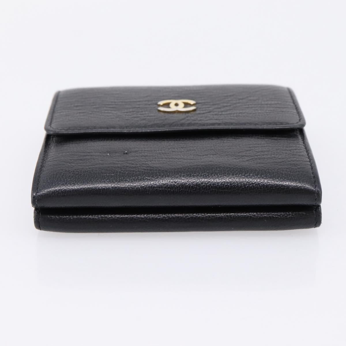 CHANEL Compact Wallet Leather Black Gold CC Auth 204596V