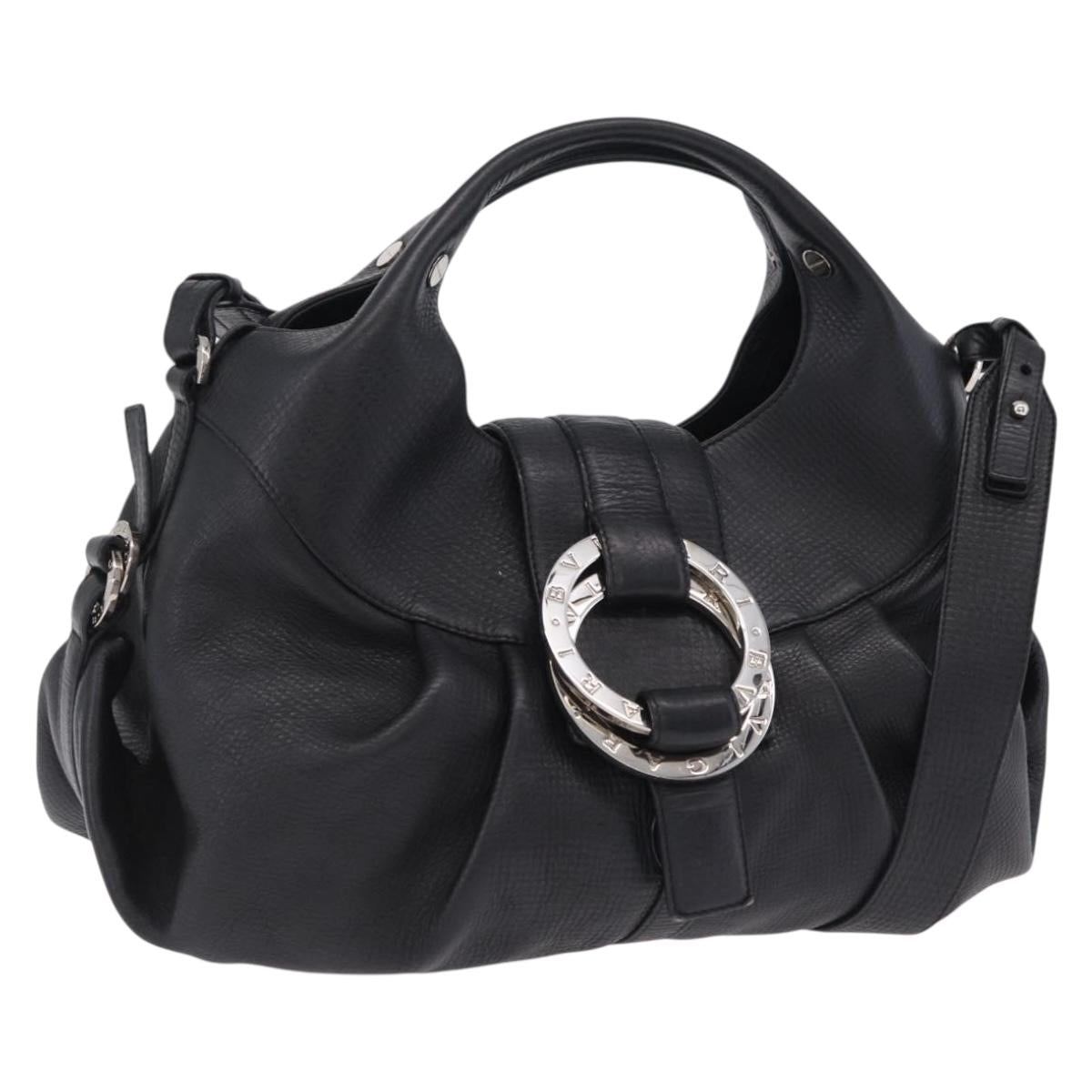 BVLGARI Chandra Hand Bag Leather 2way Black Silver Auth 204605V