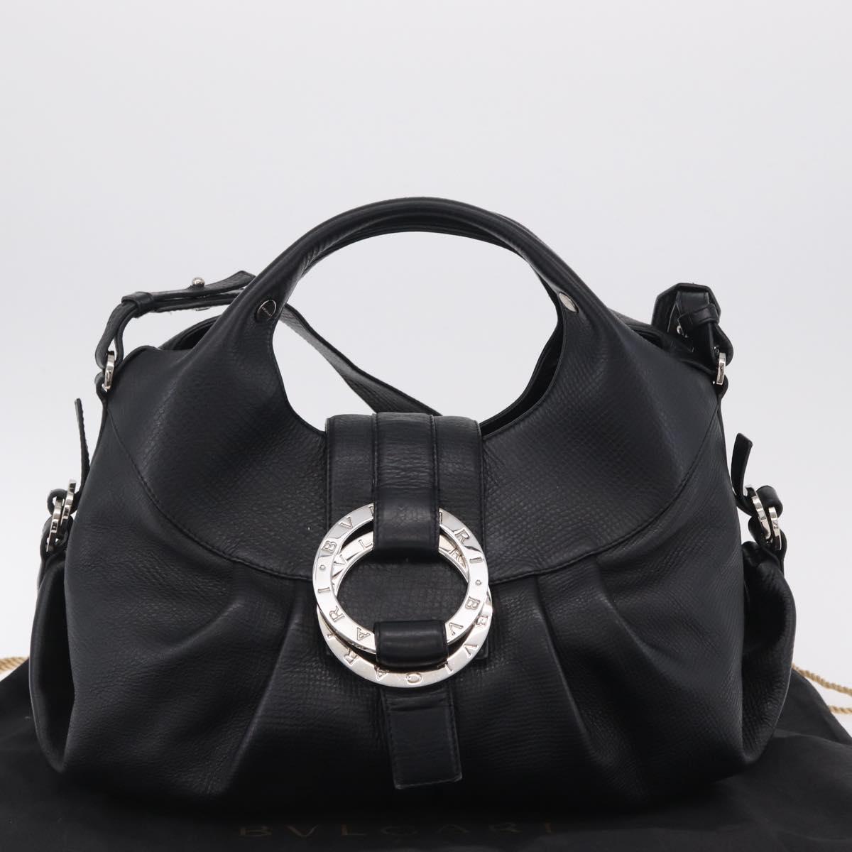 BVLGARI Chandra Hand Bag Leather 2way Black Silver Auth 204605V