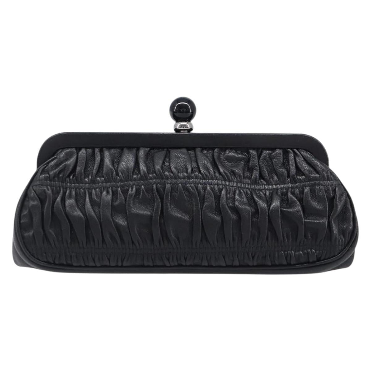 PRADA Gathered Cosmetic Pouch Leather Black Silver Auth 204606V