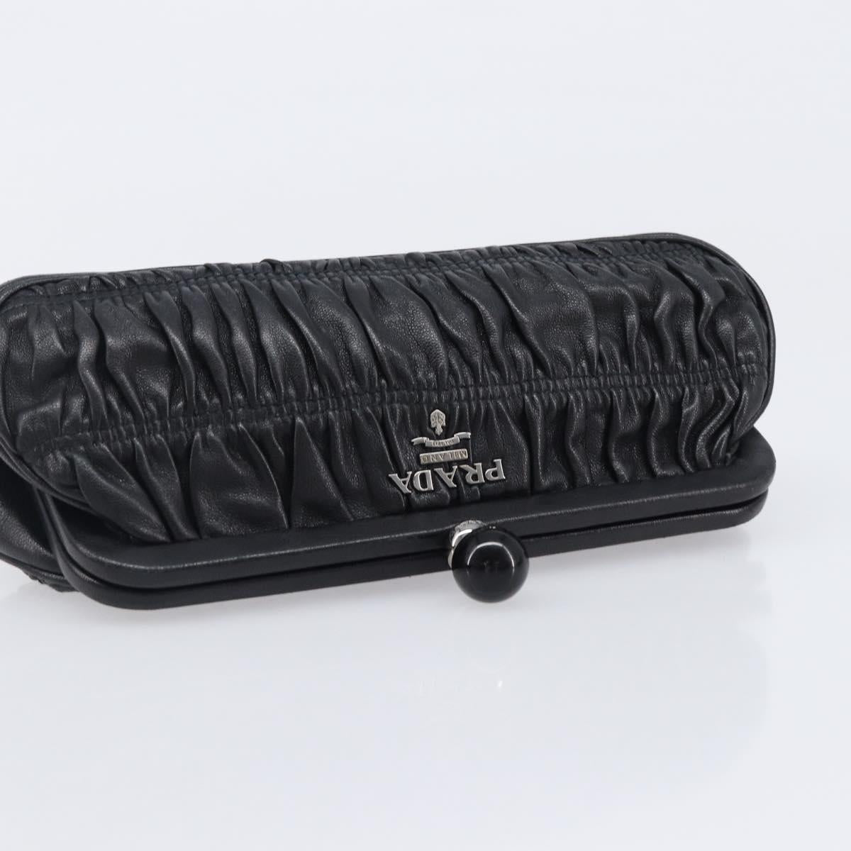 PRADA Gathered Cosmetic Pouch Leather Black Silver Auth 204606V