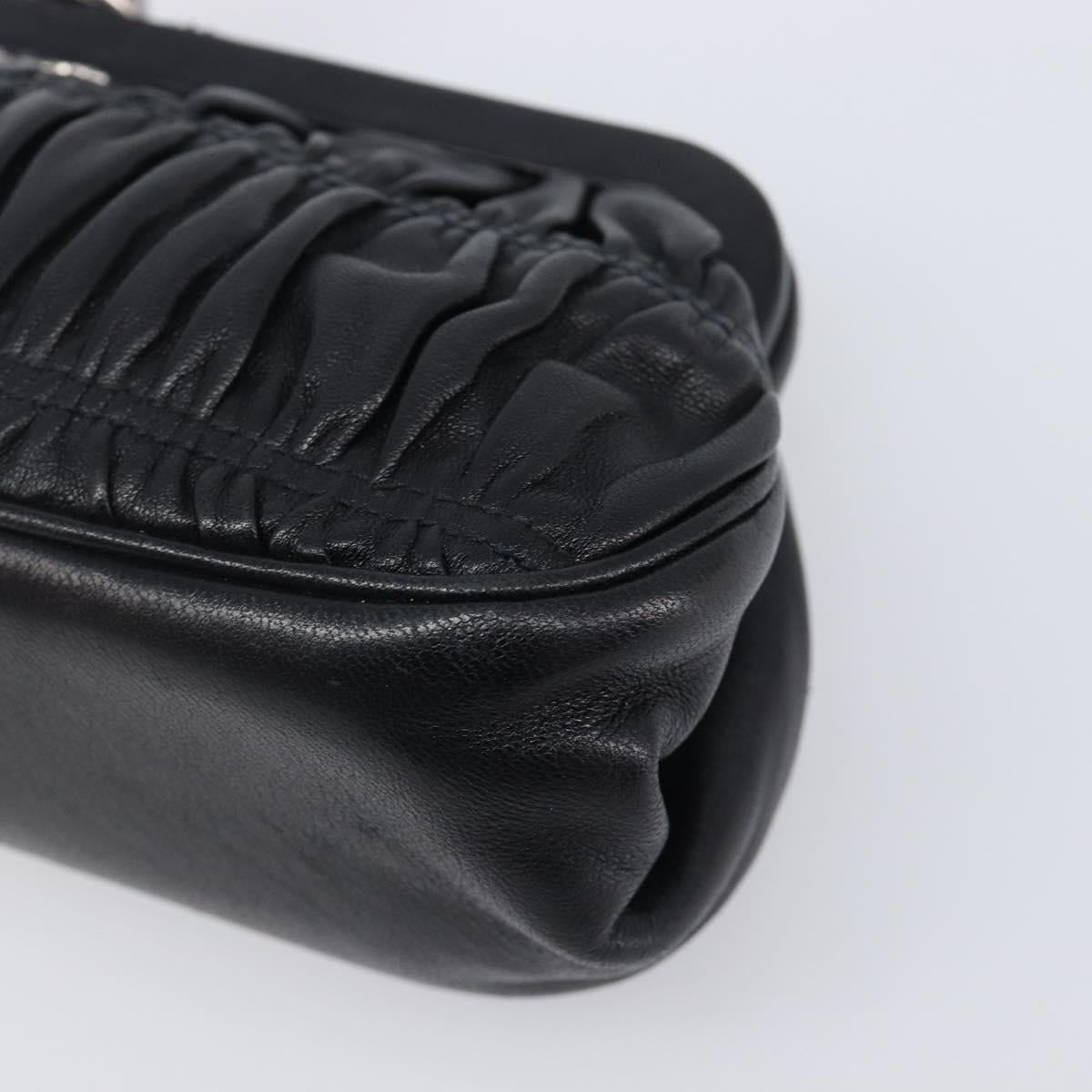 PRADA Gathered Cosmetic Pouch Leather Black Silver Auth 204606V