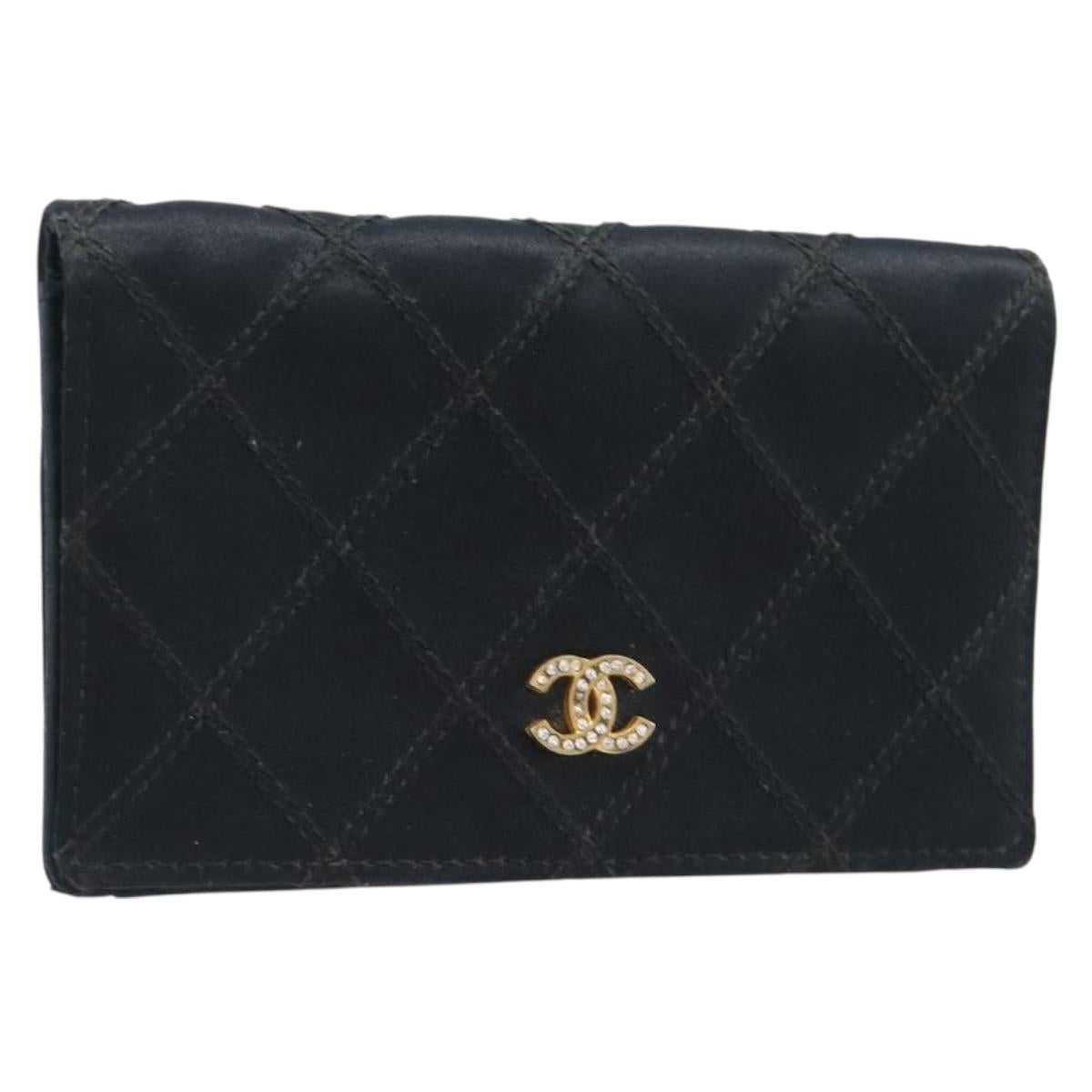 CHANEL Bicolore Card Case Satin Black Gold CC Auth 204618V