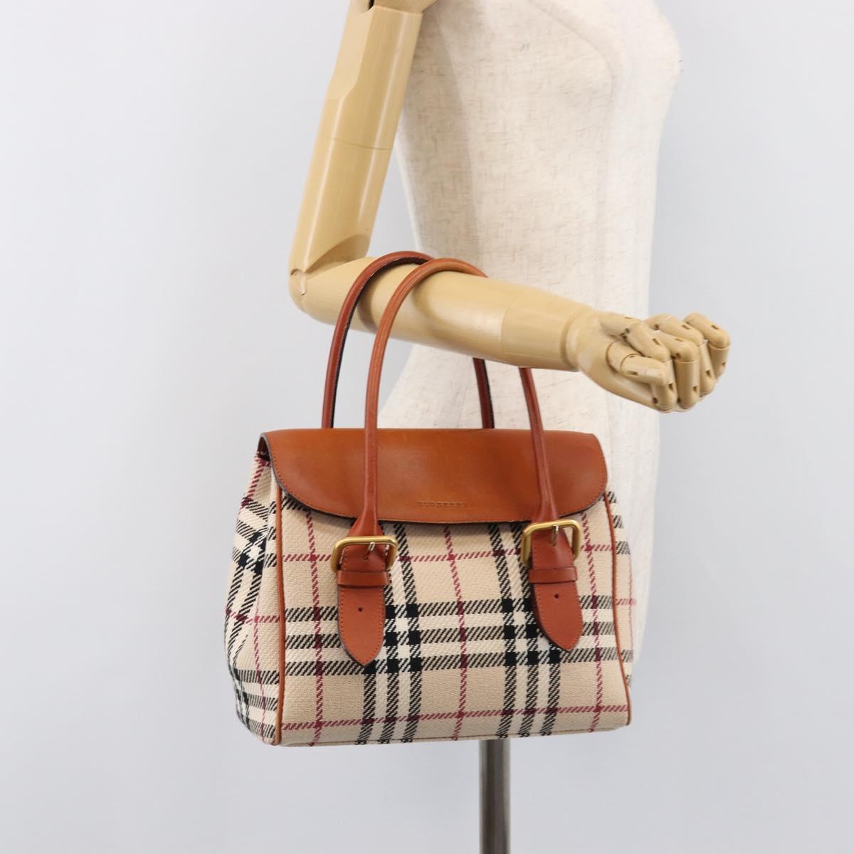 BURBERRY Nova Check Hand Bag Canvas Beige Gold Tone Auth 204621V