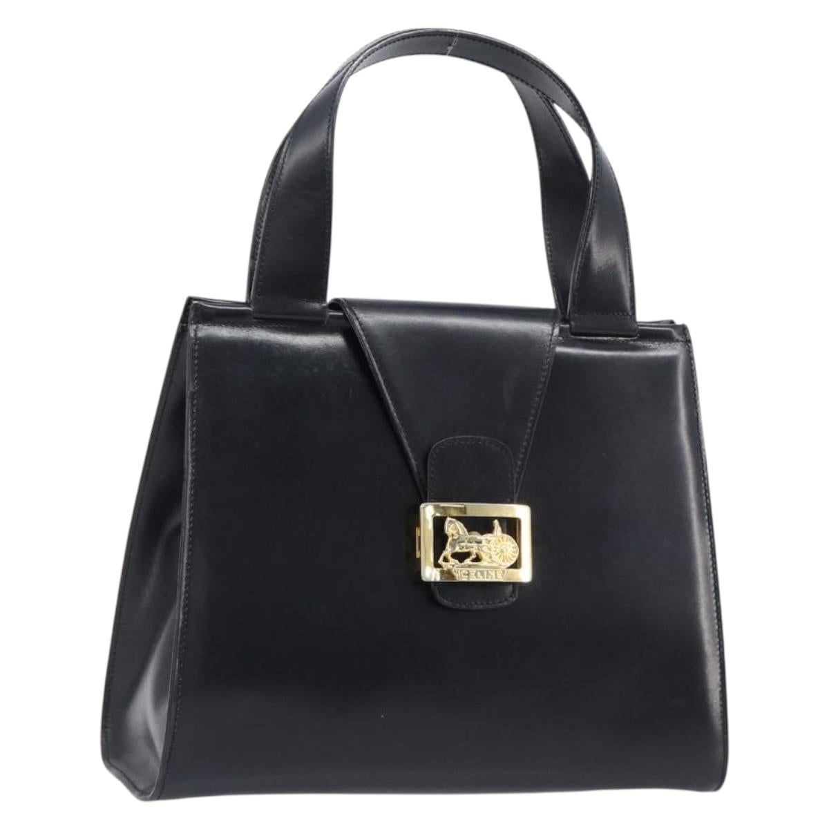 CELINE Horse Carriage Hand Bag Leather Black Gold Tone Auth 204622V
