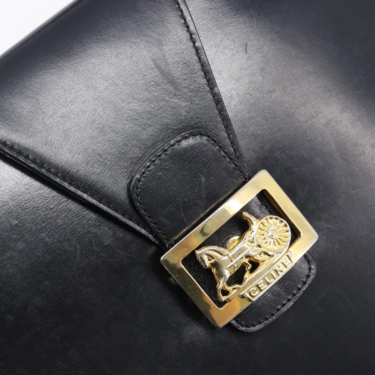 CELINE Horse Carriage Hand Bag Leather Black Gold Tone Auth 204622V