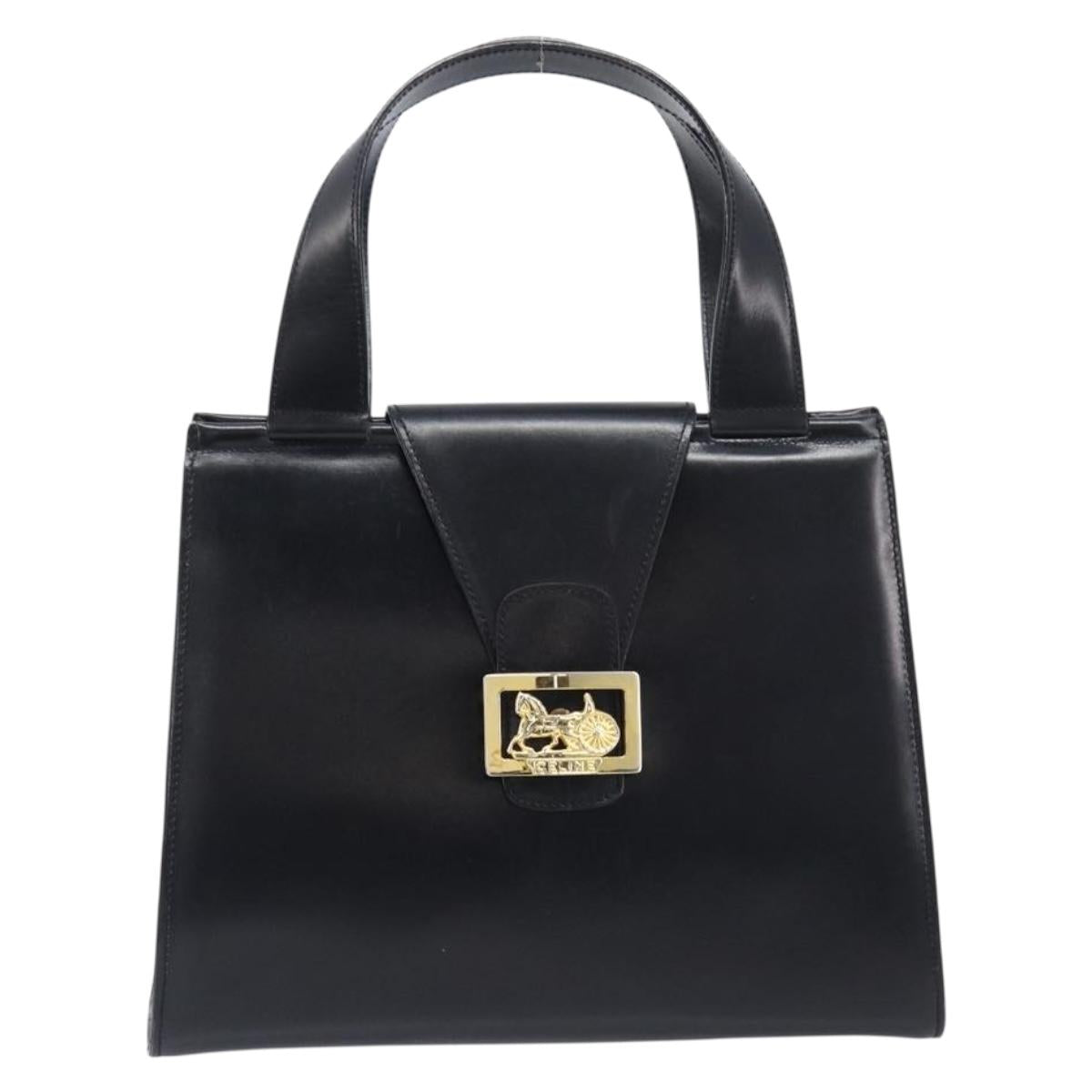 CELINE Horse Carriage Hand Bag Leather Black Gold Tone Auth 204622V