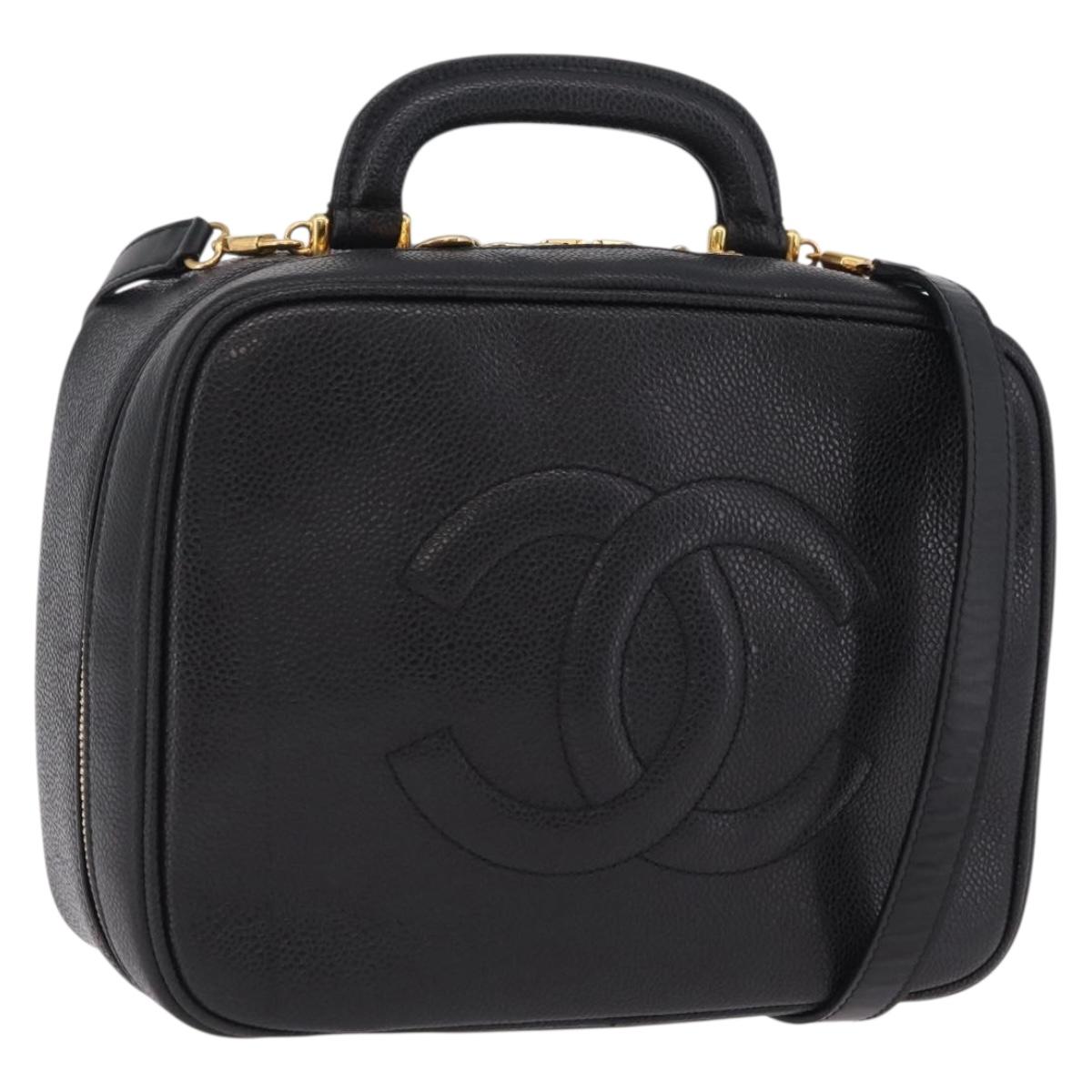 CHANEL Vanity Shoulder Bag Caviar Skin 2way Black Gold Tone CC Auth 204624V