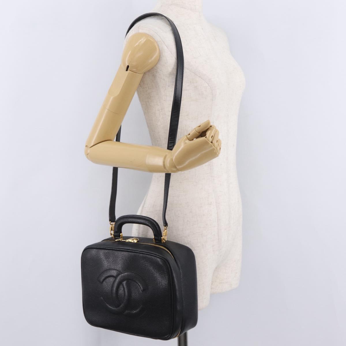 CHANEL Vanity Shoulder Bag Caviar Skin 2way Black Gold Tone CC Auth 204624V