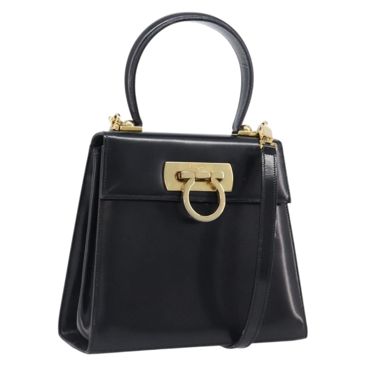 Salvatore Ferragamo Gancini Hand Bag Leather 2way Black Gold Tone Auth 204629V