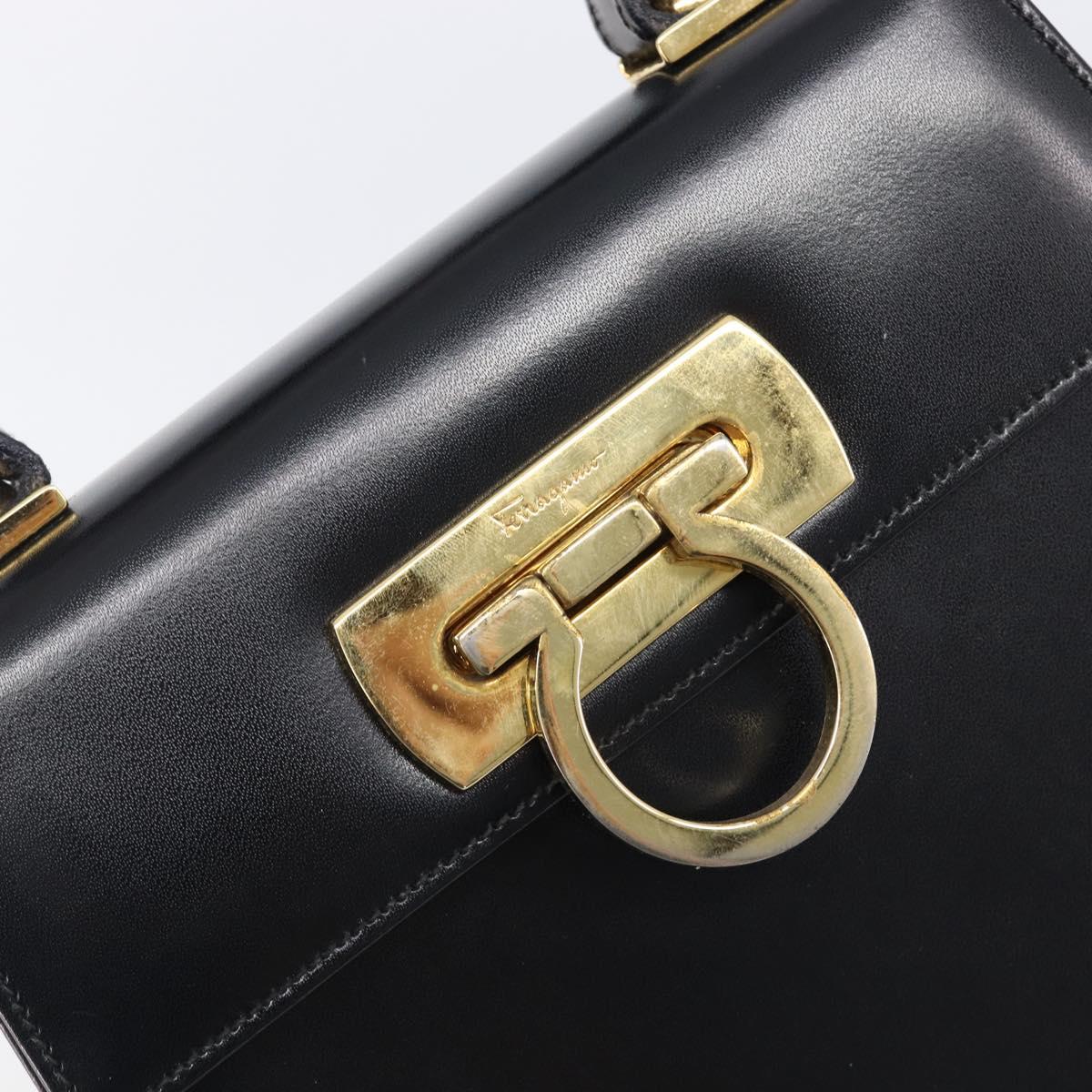 Salvatore Ferragamo Gancini Hand Bag Leather 2way Black Gold Tone Auth 204629V