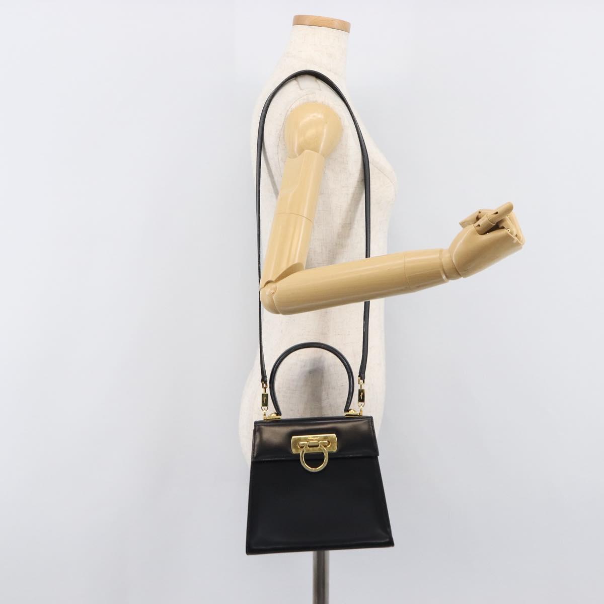 Salvatore Ferragamo Gancini Hand Bag Leather 2way Black Gold Tone Auth 204629V