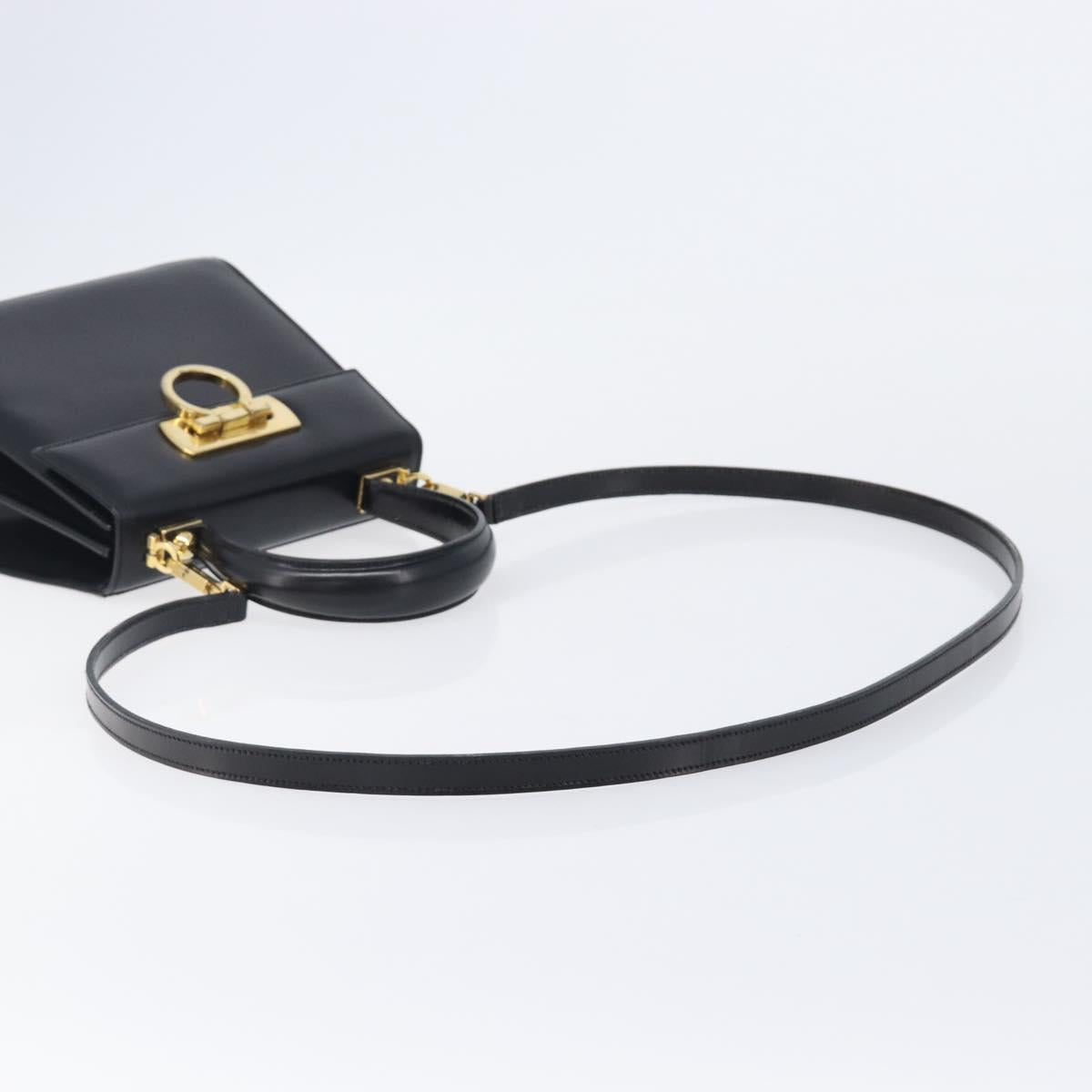 Salvatore Ferragamo Gancini Hand Bag Leather 2way Black Gold Tone Auth 204629V