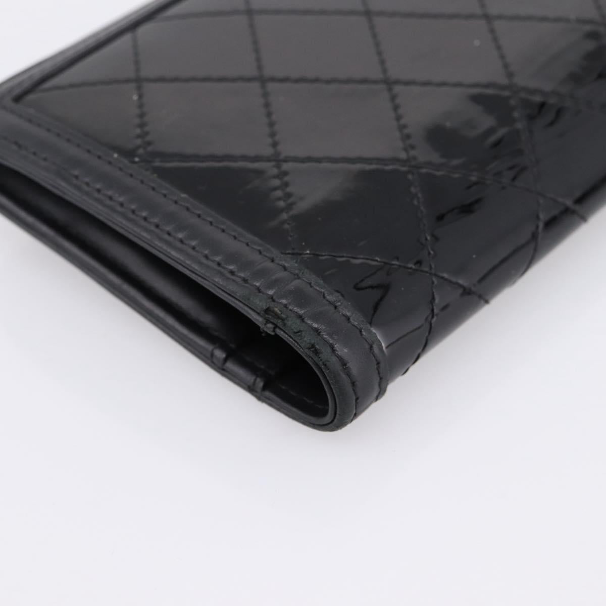 CHANEL Matelasse Long Wallet Patent Leather Black Silver CC Auth 204635