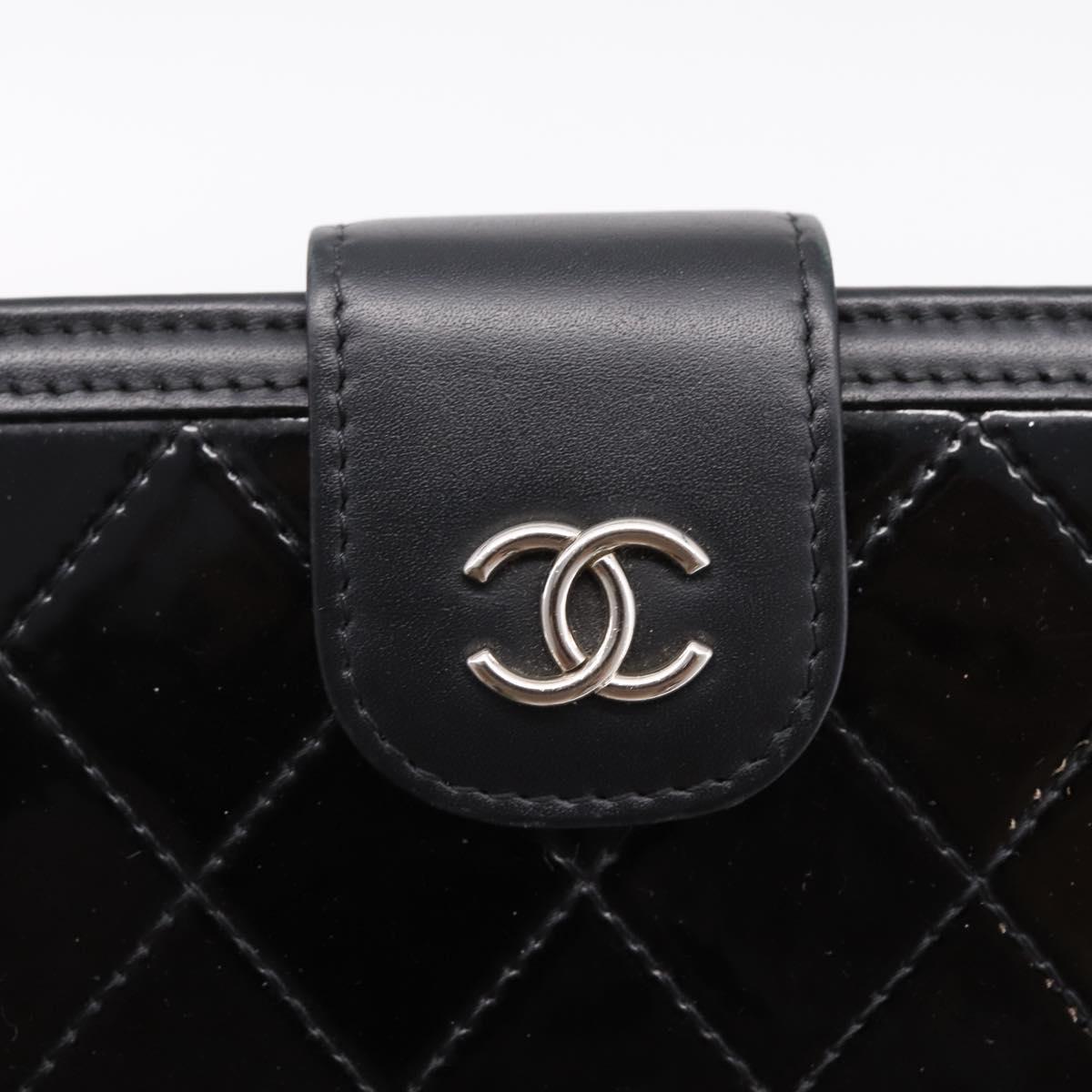 CHANEL Matelasse Long Wallet Patent Leather Black Silver CC Auth 204635