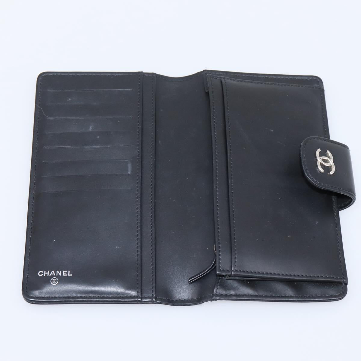 CHANEL Matelasse Long Wallet Patent Leather Black Silver CC Auth 204635