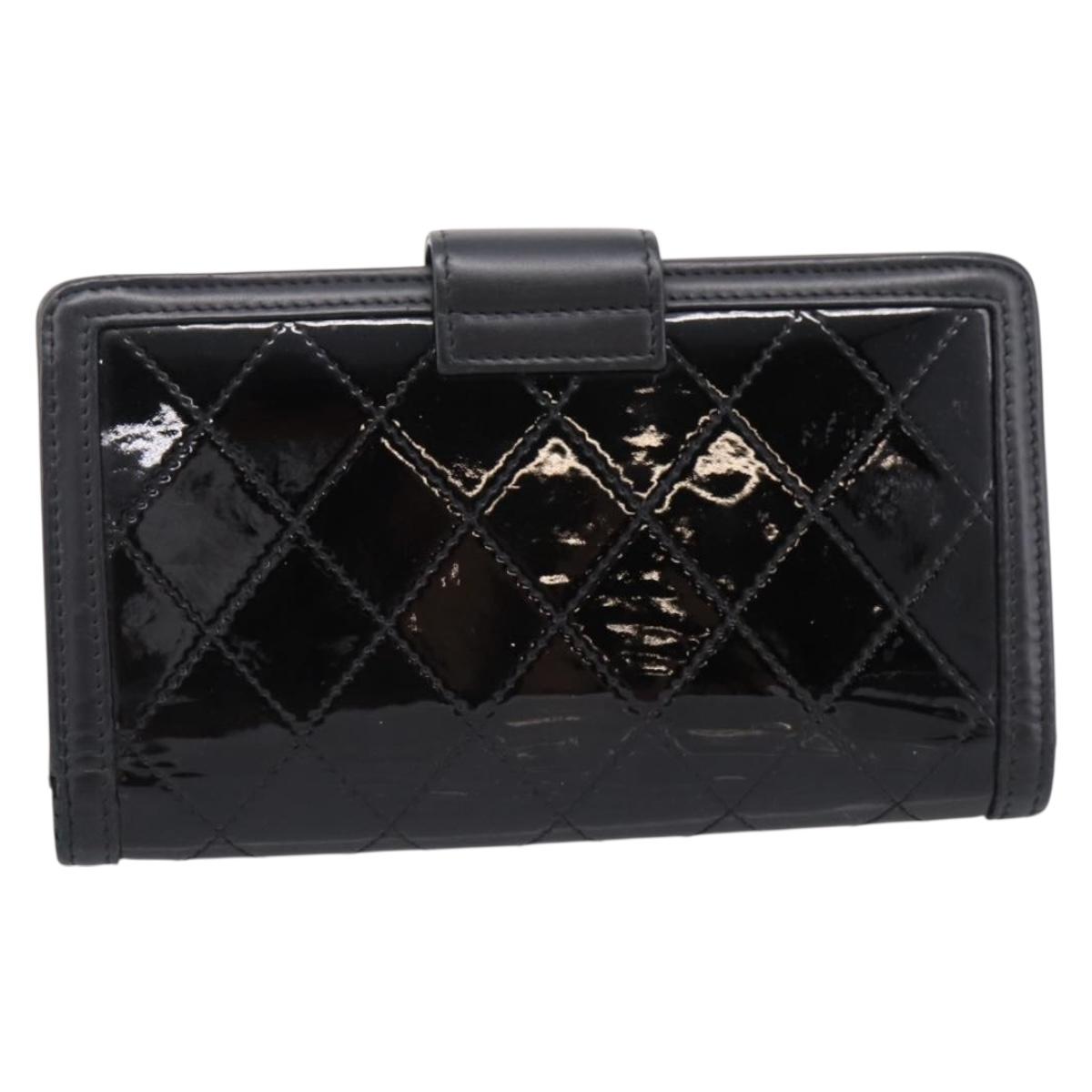 CHANEL Matelasse Long Wallet Patent Leather Black Silver CC Auth 204635