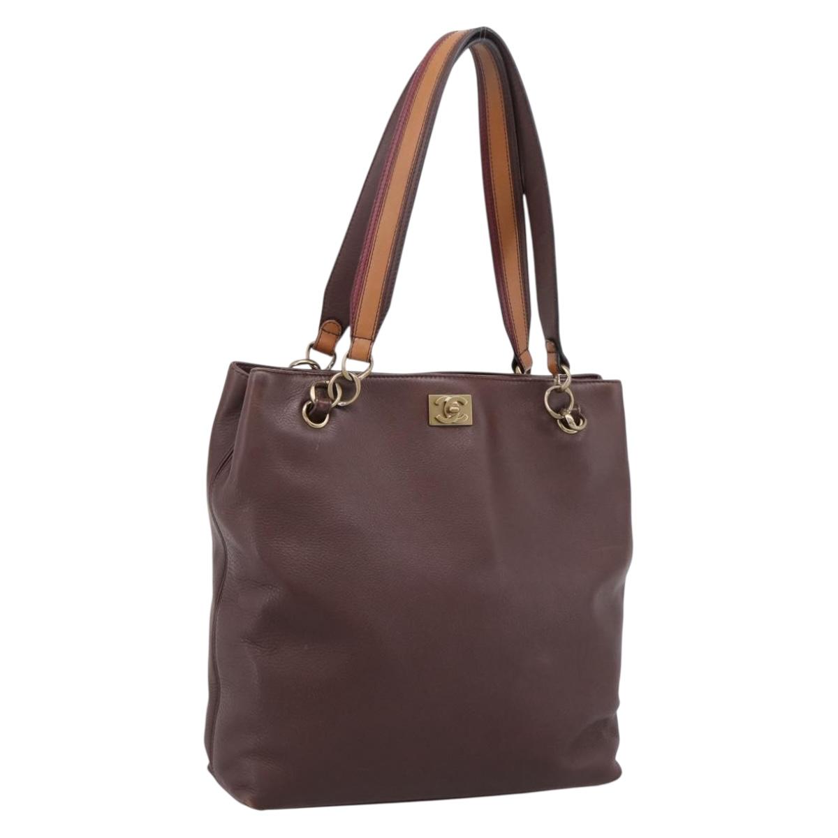 CHANEL Tote Bag Leather Brown Gold Tone CC Auth 204638V