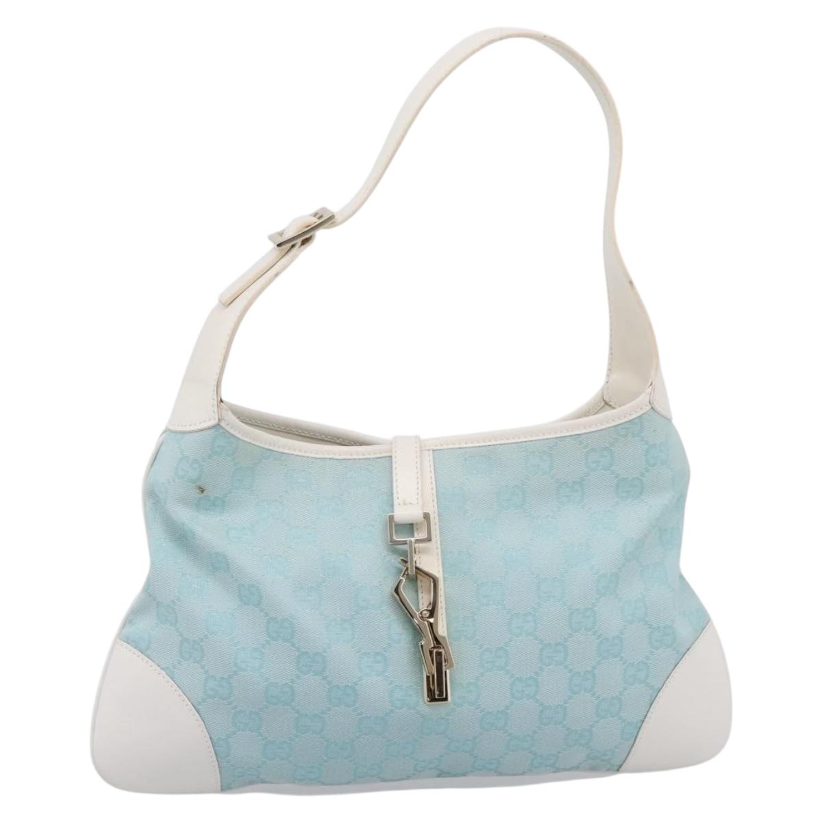 GUCCI GG Canvas Jackie Shoulder Bag Light Blue Gold Tone 001 4057 Auth 204640V