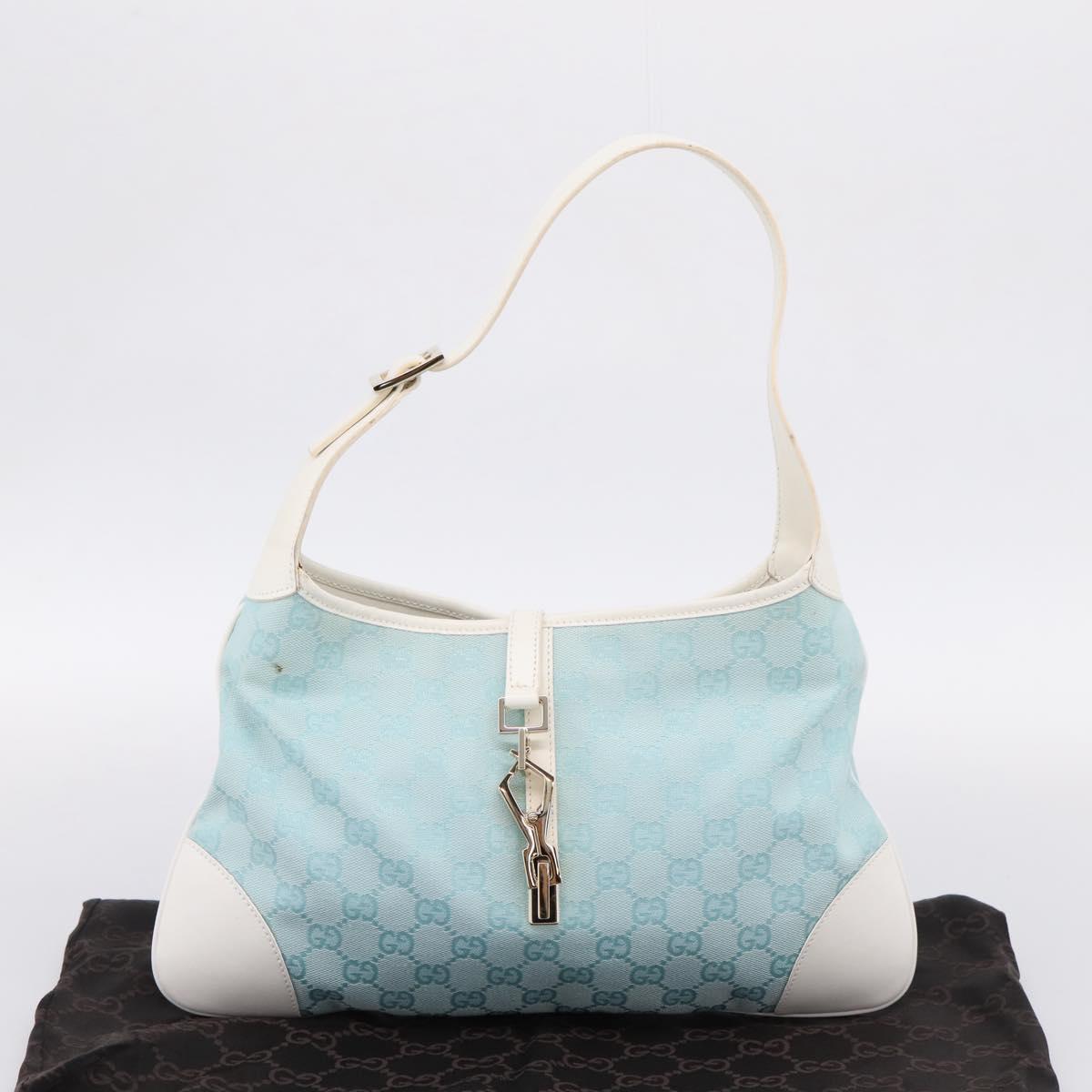 GUCCI GG Canvas Jackie Shoulder Bag Light Blue Gold Tone 001 4057 Auth 204640V