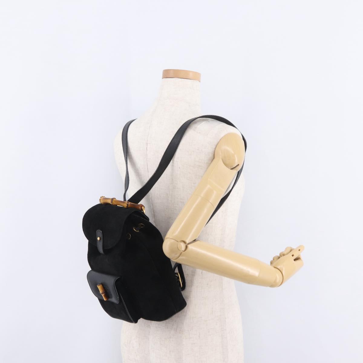 GUCCI Bamboo Backpack Suede Black Gold Tone 003 1705 0030 Auth 204642A