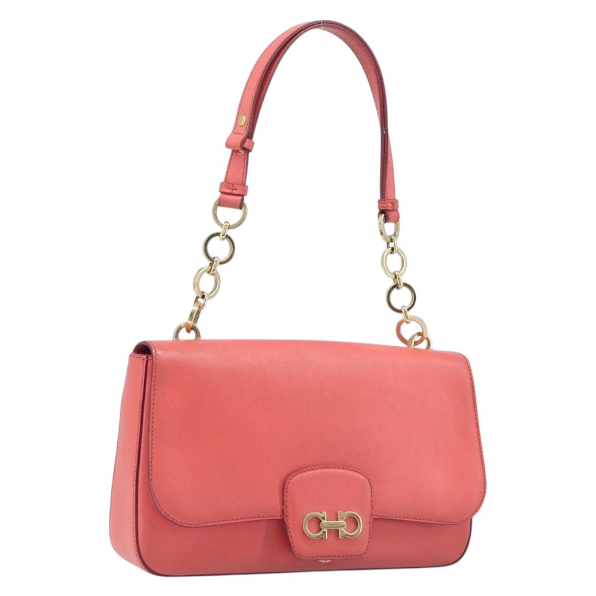 Salvatore Ferragamo Gancini Chain Shoulder Bag Leather Pink Gold Auth 204648A