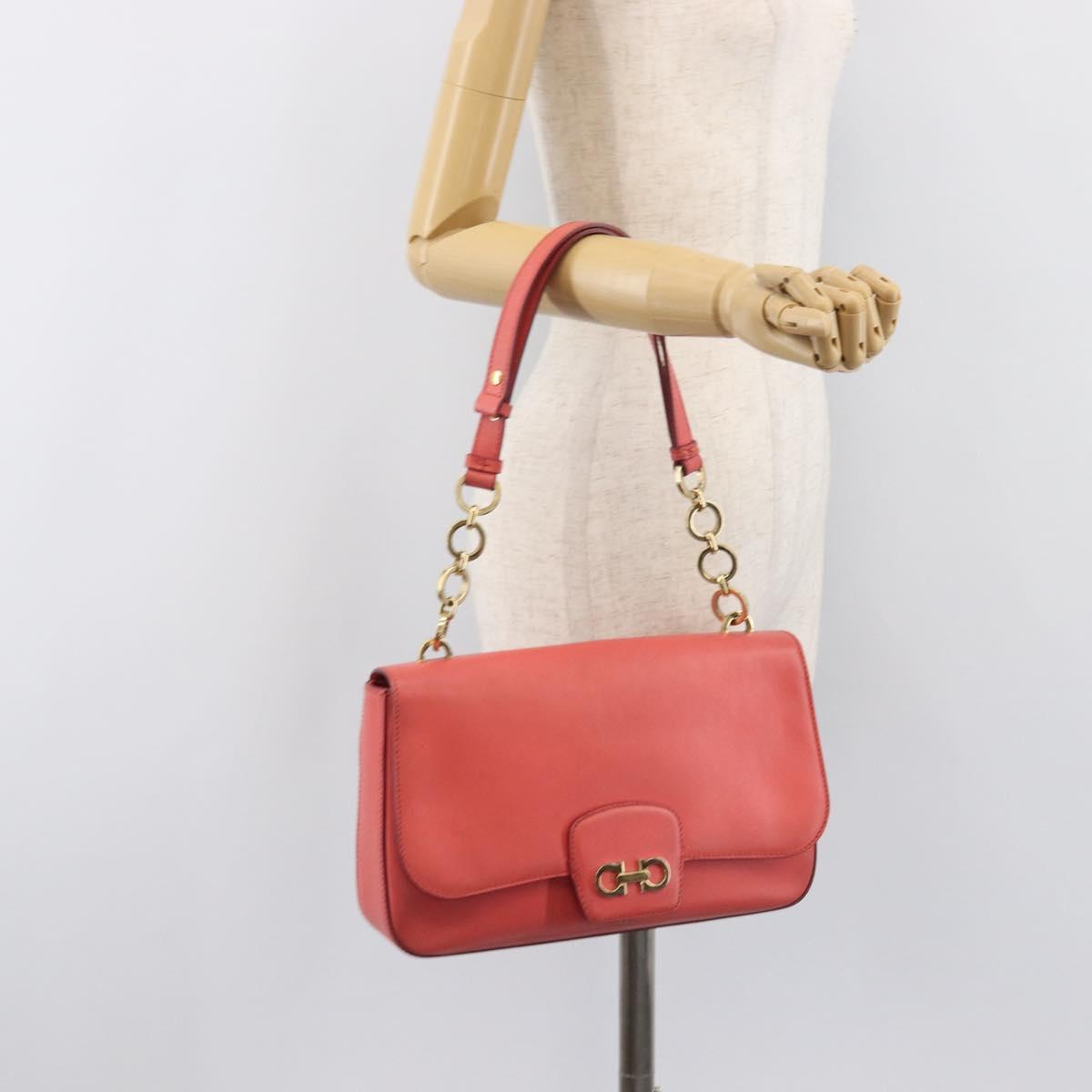 Salvatore Ferragamo Gancini Chain Shoulder Bag Leather Pink Gold Auth 204648A
