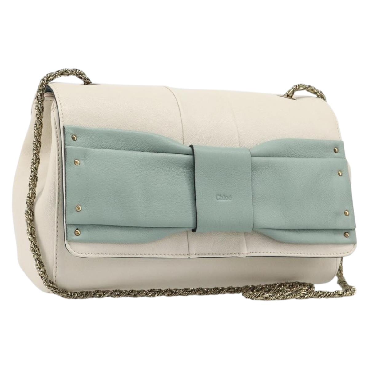 Chloe June Chain Shoulder Bag Leather White Gold Tone Auth 204652A