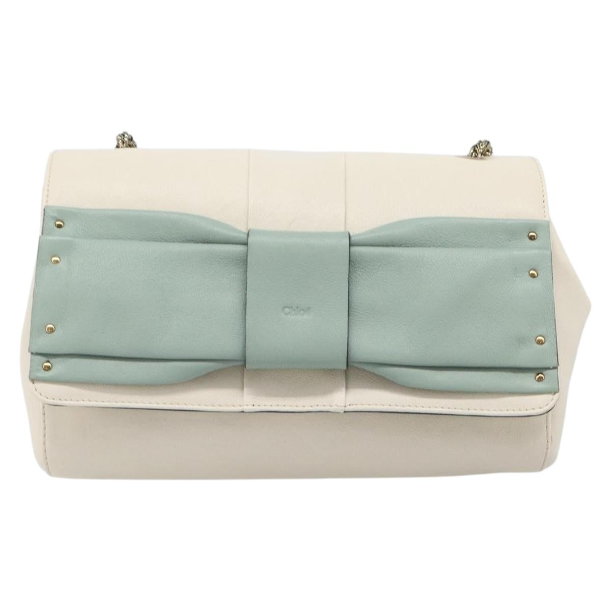 Chloe June Chain Shoulder Bag Leather White Gold Tone Auth 204652A