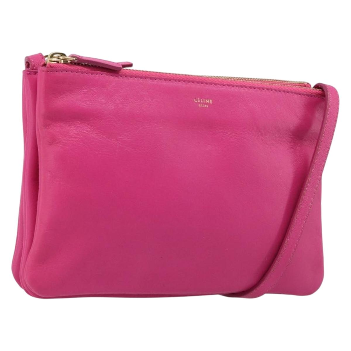 CELINE Trio Shoulder Bag Leather Pink Gold Tone Auth 204655A