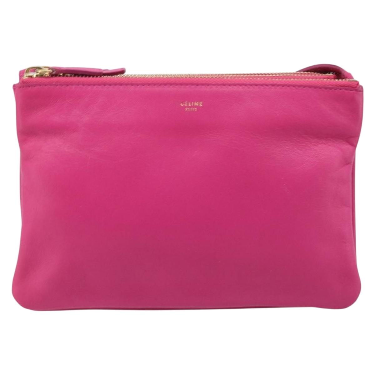 CELINE Trio Shoulder Bag Leather Pink Gold Tone Auth 204655A