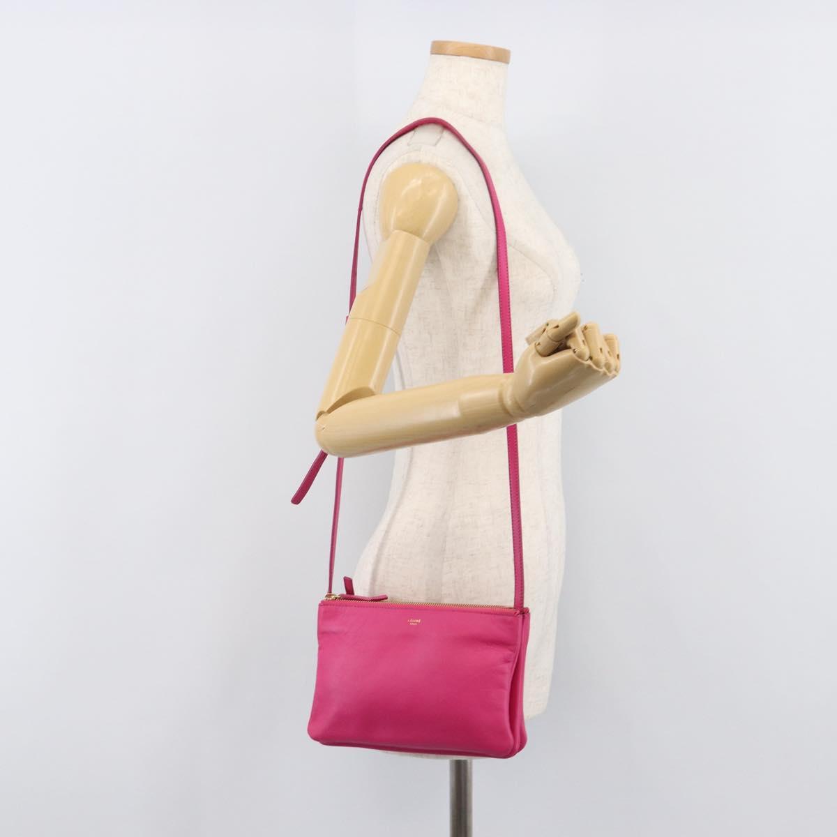 CELINE Trio Shoulder Bag Leather Pink Gold Tone Auth 204655A