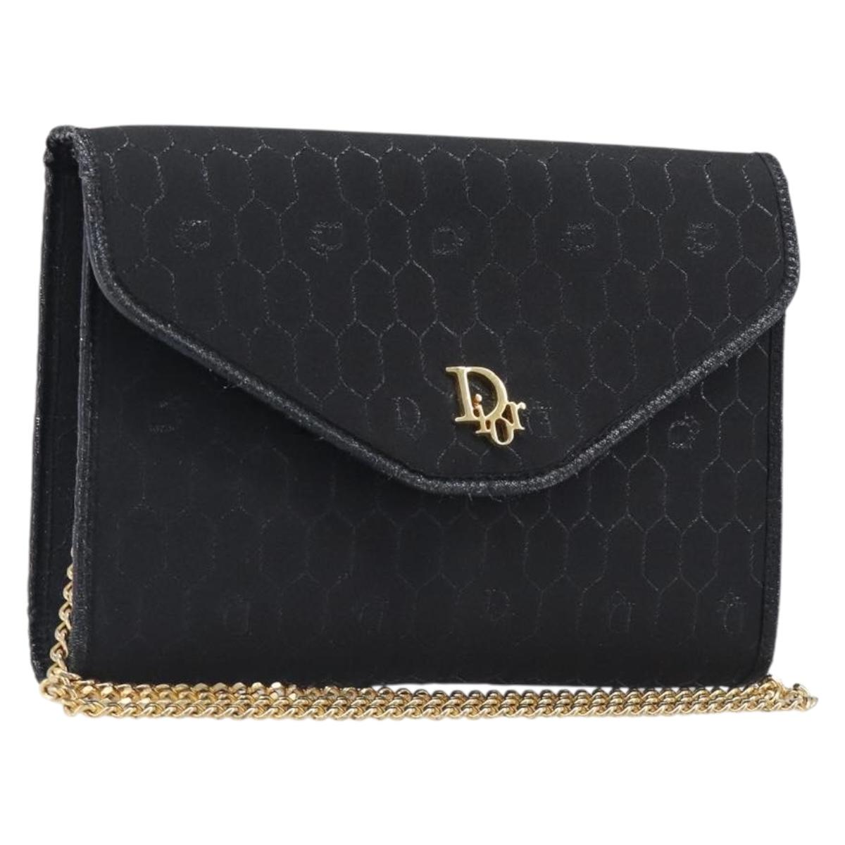 Christian Dior Honeycomb Canvas Chain Shoulder Bag Black Gold Tone Auth 204664A