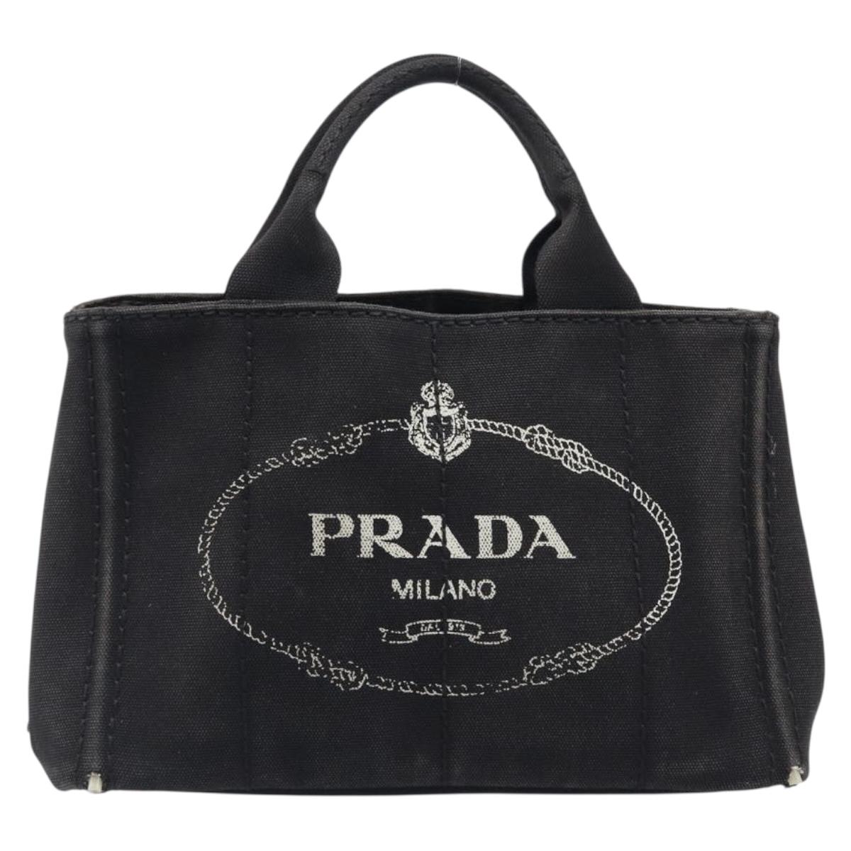 PRADA Canapa PM Hand Bag Canvas Black Gold Tone Auth 204699