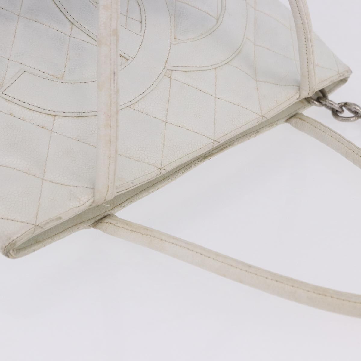CHANEL Tote Bag Caviar Skin Standard White Silver CC Auth 204728