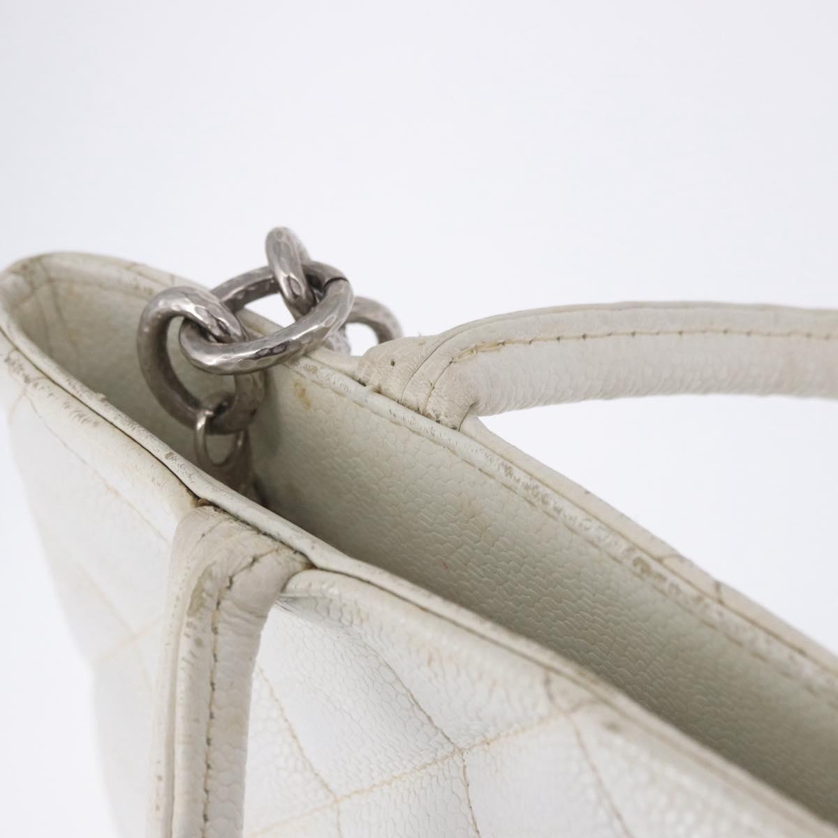 CHANEL Tote Bag Caviar Skin Standard White Silver CC Auth 204728