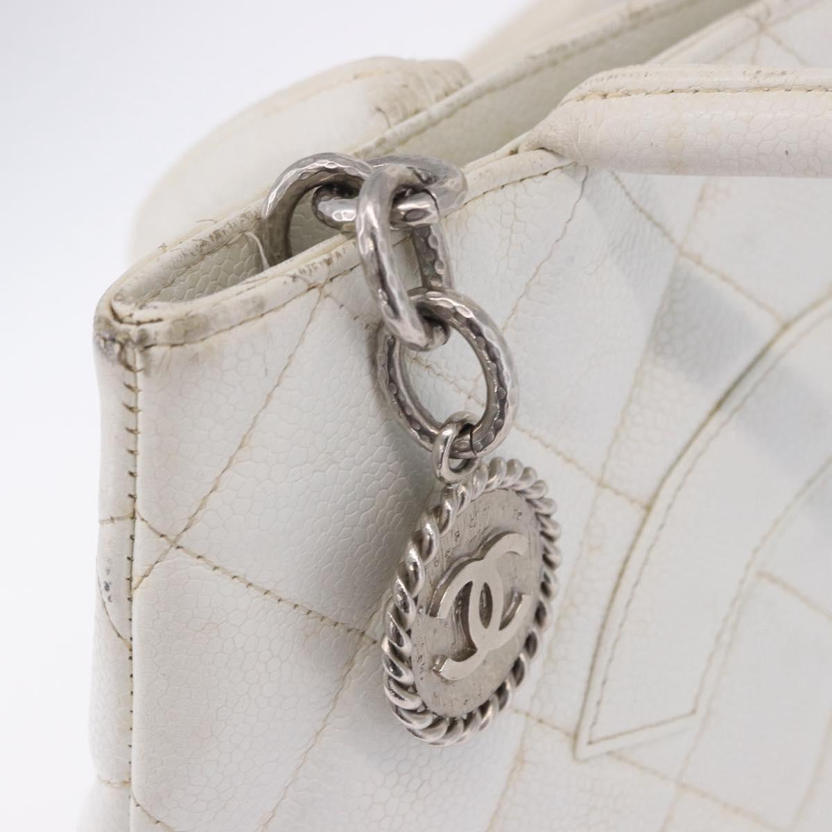 CHANEL Tote Bag Caviar Skin Standard White Silver CC Auth 204728