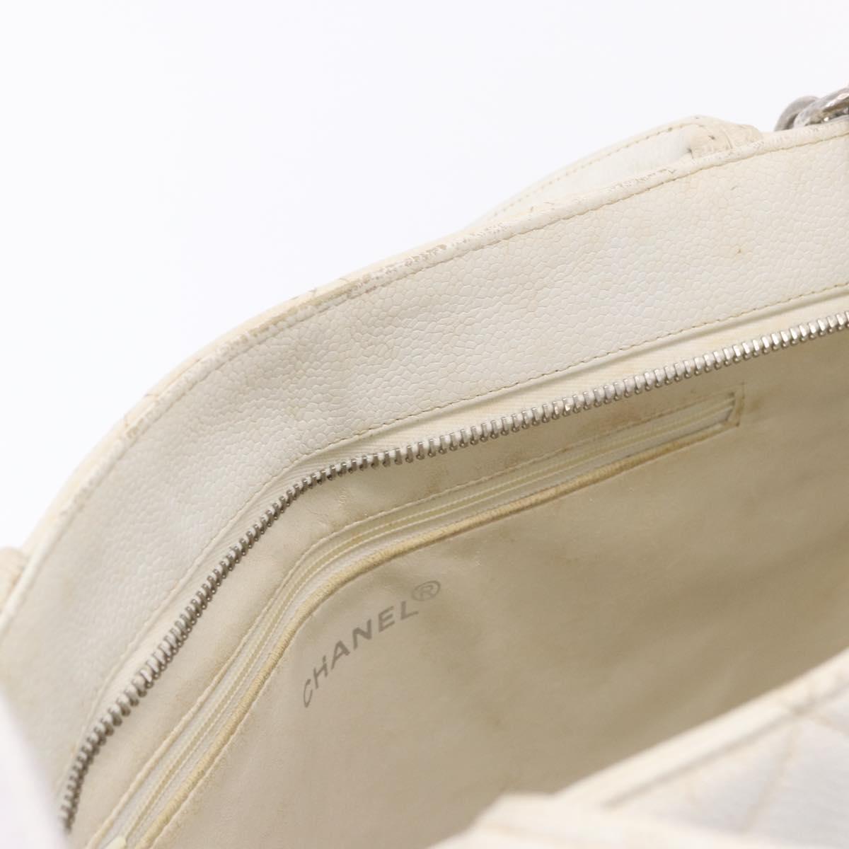 CHANEL Tote Bag Caviar Skin Standard White Silver CC Auth 204728