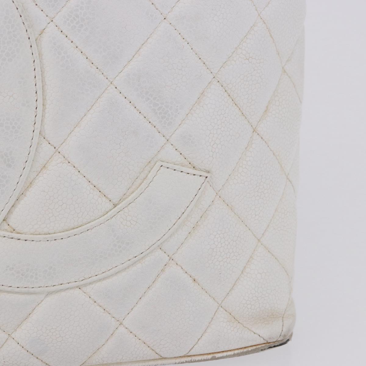 CHANEL Tote Bag Caviar Skin Standard White Silver CC Auth 204728