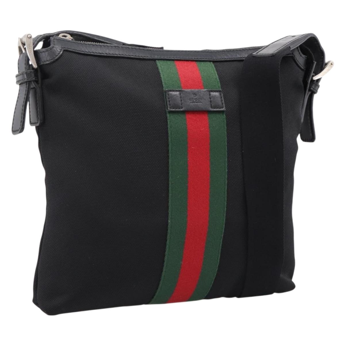 GUCCI Web Sherry Line Shoulder Bag Canvas Black Silver 387111 Auth 204729A