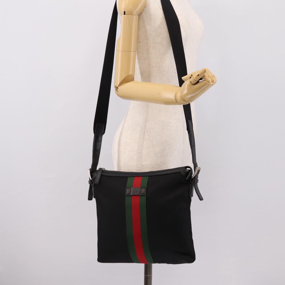 GUCCI Web Sherry Line Shoulder Bag Canvas Black Silver 387111 Auth 204729A