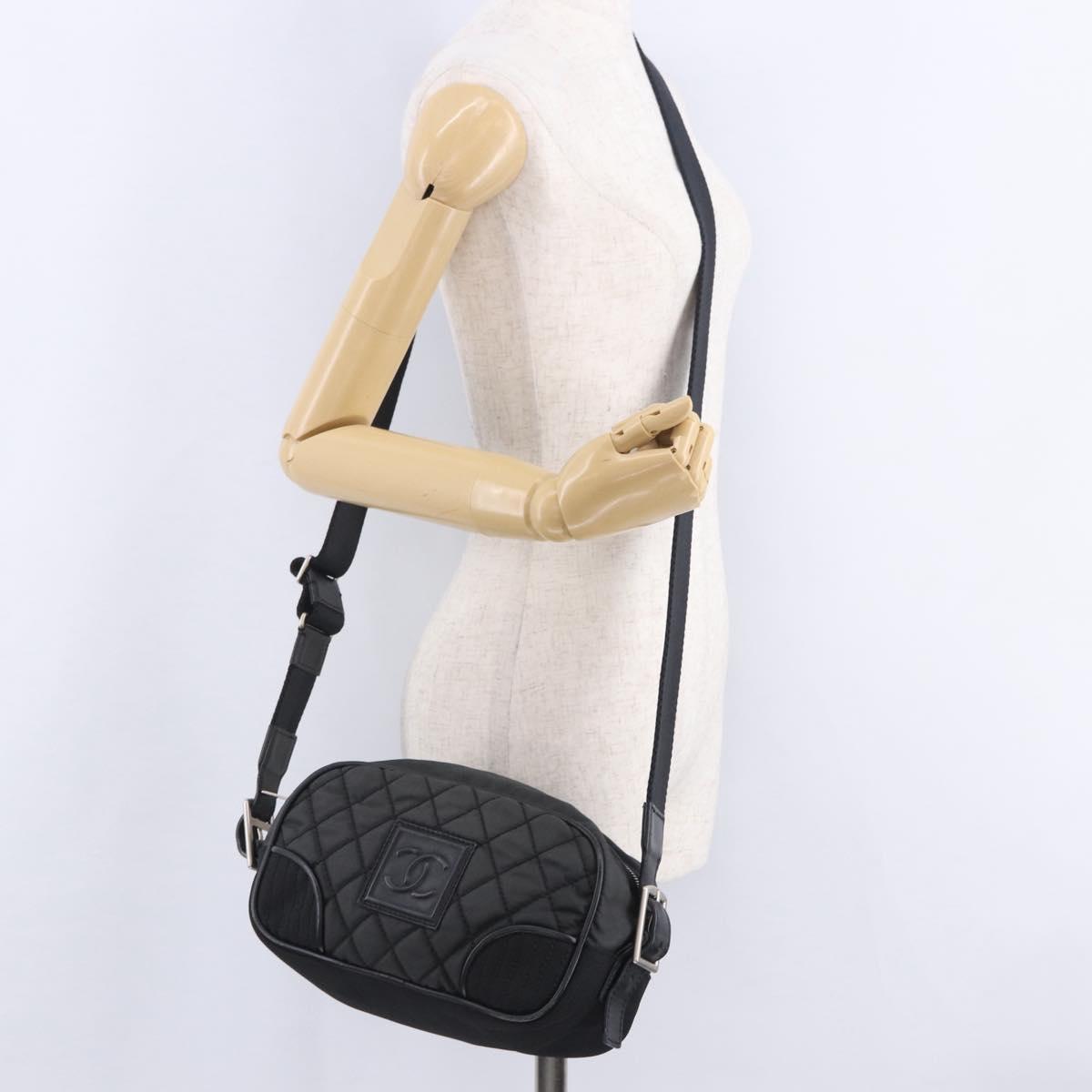 CHANEL Sports Line Matelasse Shoulder Bag Canvas Black Silver CC Auth 204730V