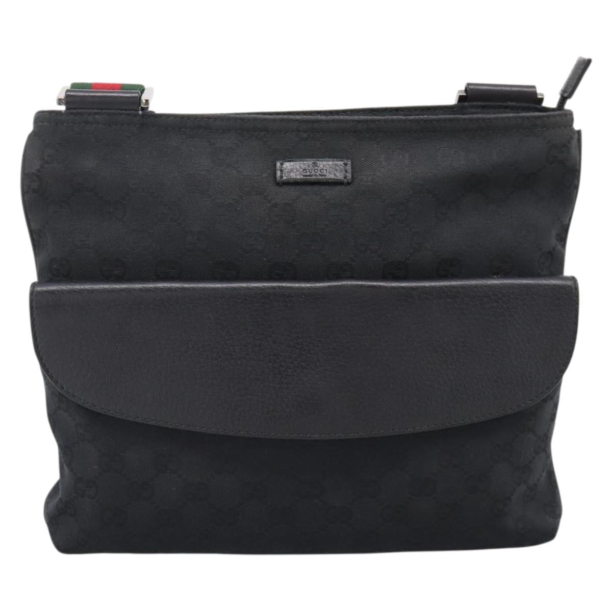GUCCI GG Canvas Web Sherry Line Shoulder Bag Black Silver 256100 Auth 204737A
