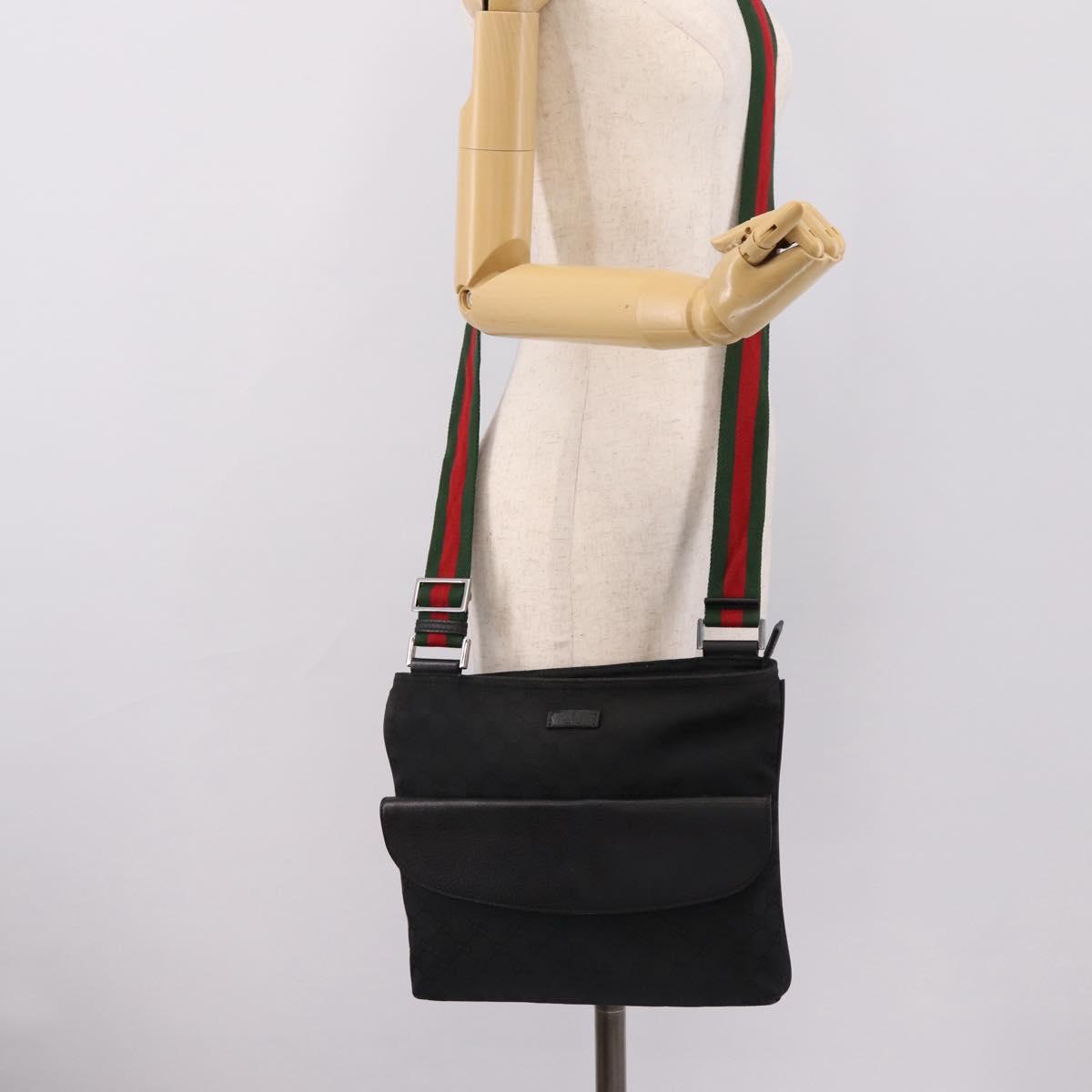 GUCCI GG Canvas Web Sherry Line Shoulder Bag Black Silver 256100 Auth 204737A
