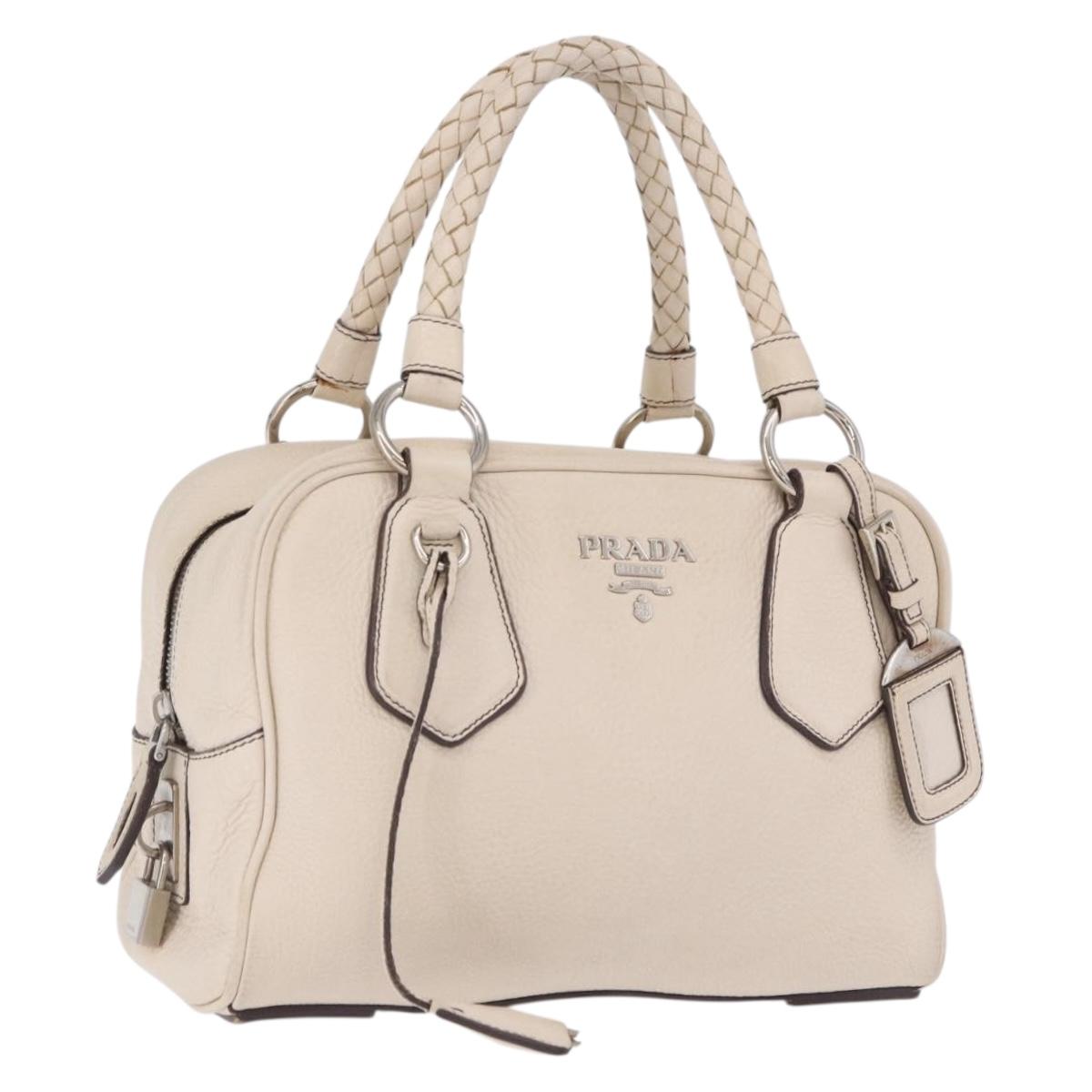 PRADA Hand Bag Leather White Silver Auth 204740A