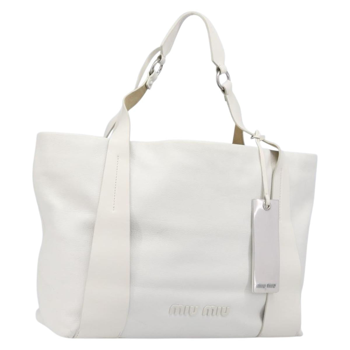 Miu Miu Tote Bag Leather White Silver Auth 204751A