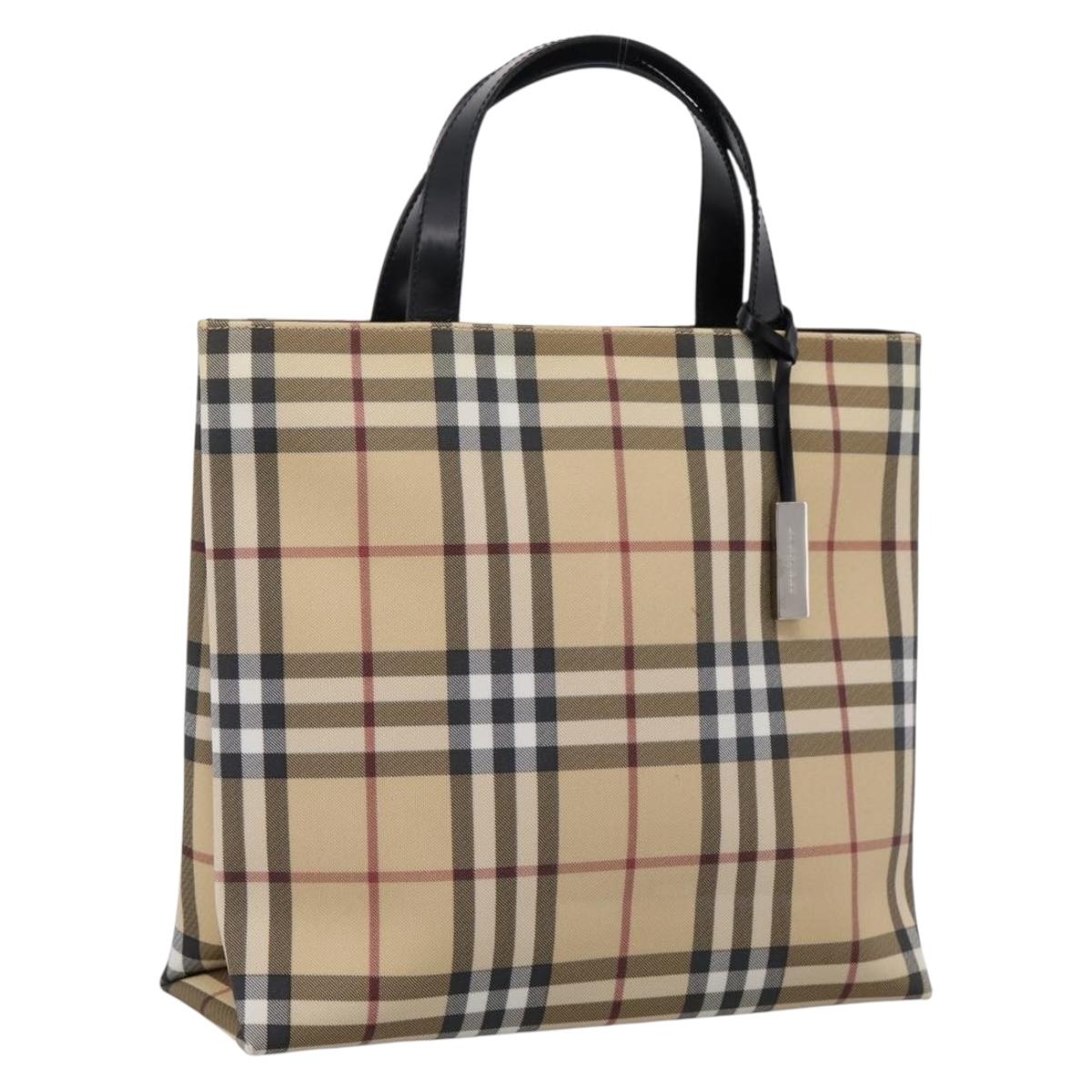 BURBERRY Nova Check Hand Bag PVC Beige Silver Auth 204754